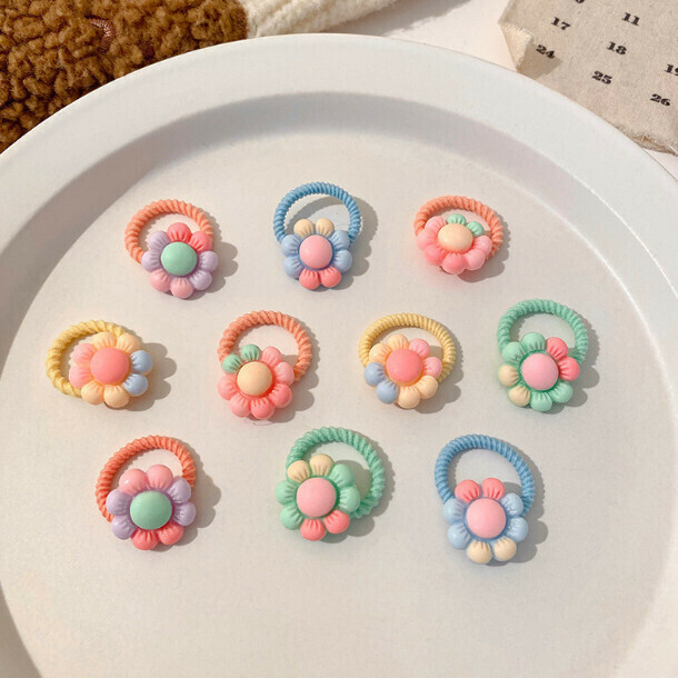 Cartoon children's leather band thumb hair ring, head rope hair ornament (4# color eight-petal flower 10-piece set)