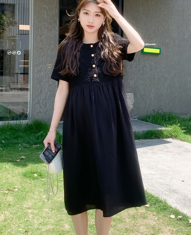 熱推夏裝簡約甜美小香風寬鬆型孕婦裙（黑色）