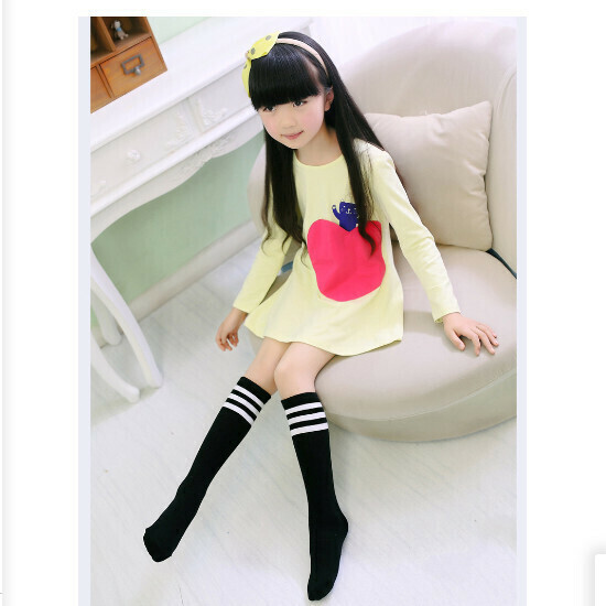 Children's High Stripe Sports Socks (Black Bottom White Bar 4-14 Years Old 35CM)