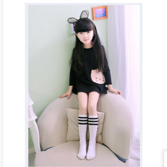Children's High Stripe Sports Socks (Black Bar on White Background, 4-14 Years Old, 35CM)