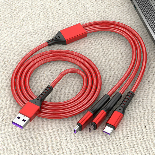 激抵高品質66W超級快充一拖三數據線 5A三合一充電線（1.2米66w漁網一拖三5A-盒裝-紅色）#