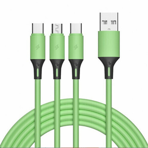激抵三合一快充一拖三充電線適用蘋果安卓手機三頭矽膠數據線（綠色）