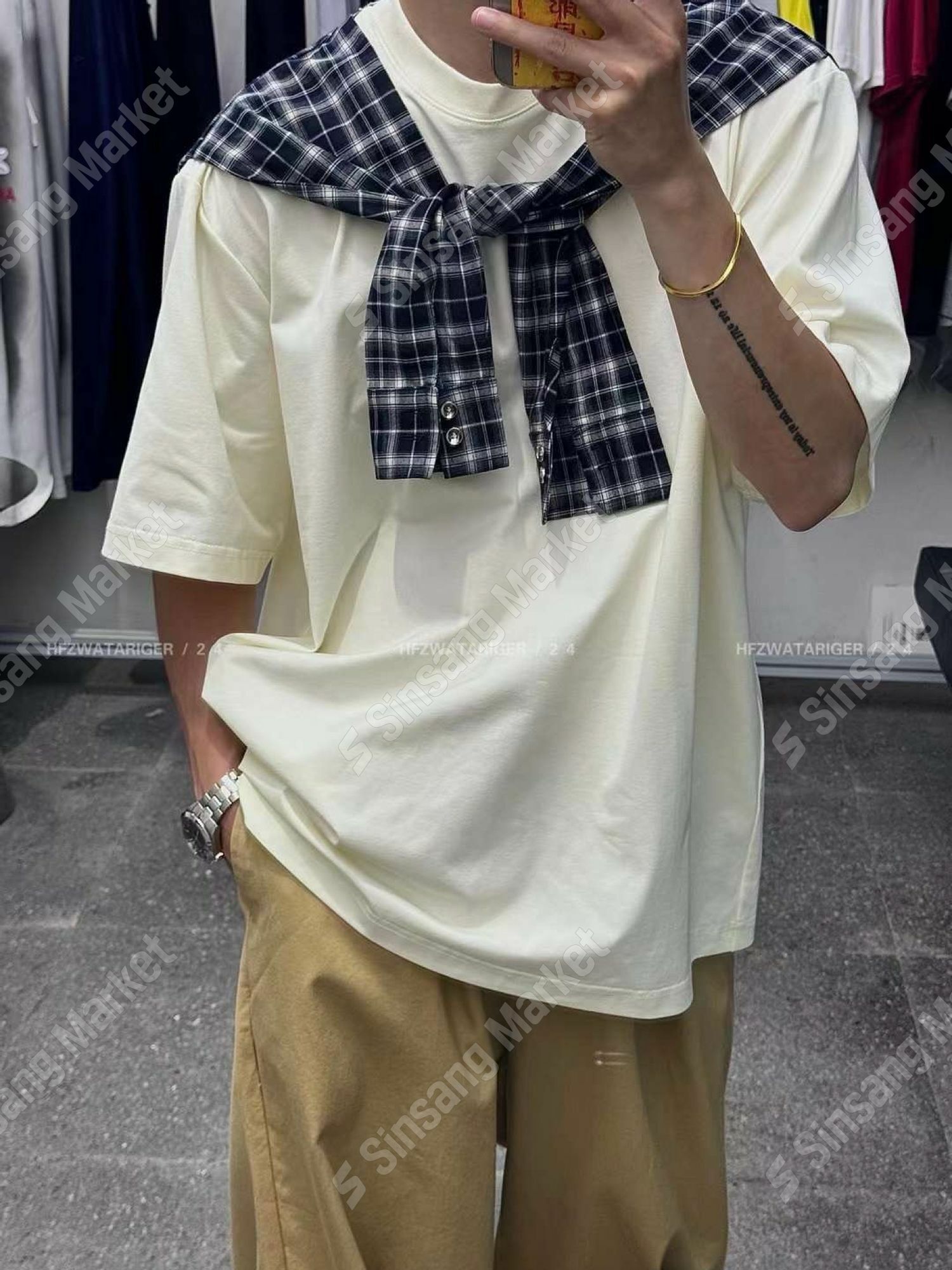 層疊式格紋襯衫短袖T恤