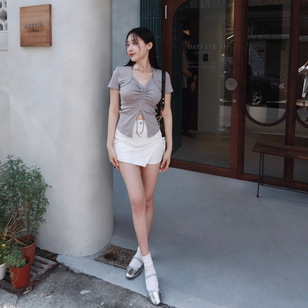 【DOMISS自訂】拉繩微性感! 抓皺短袖上衣-4色(現貨)