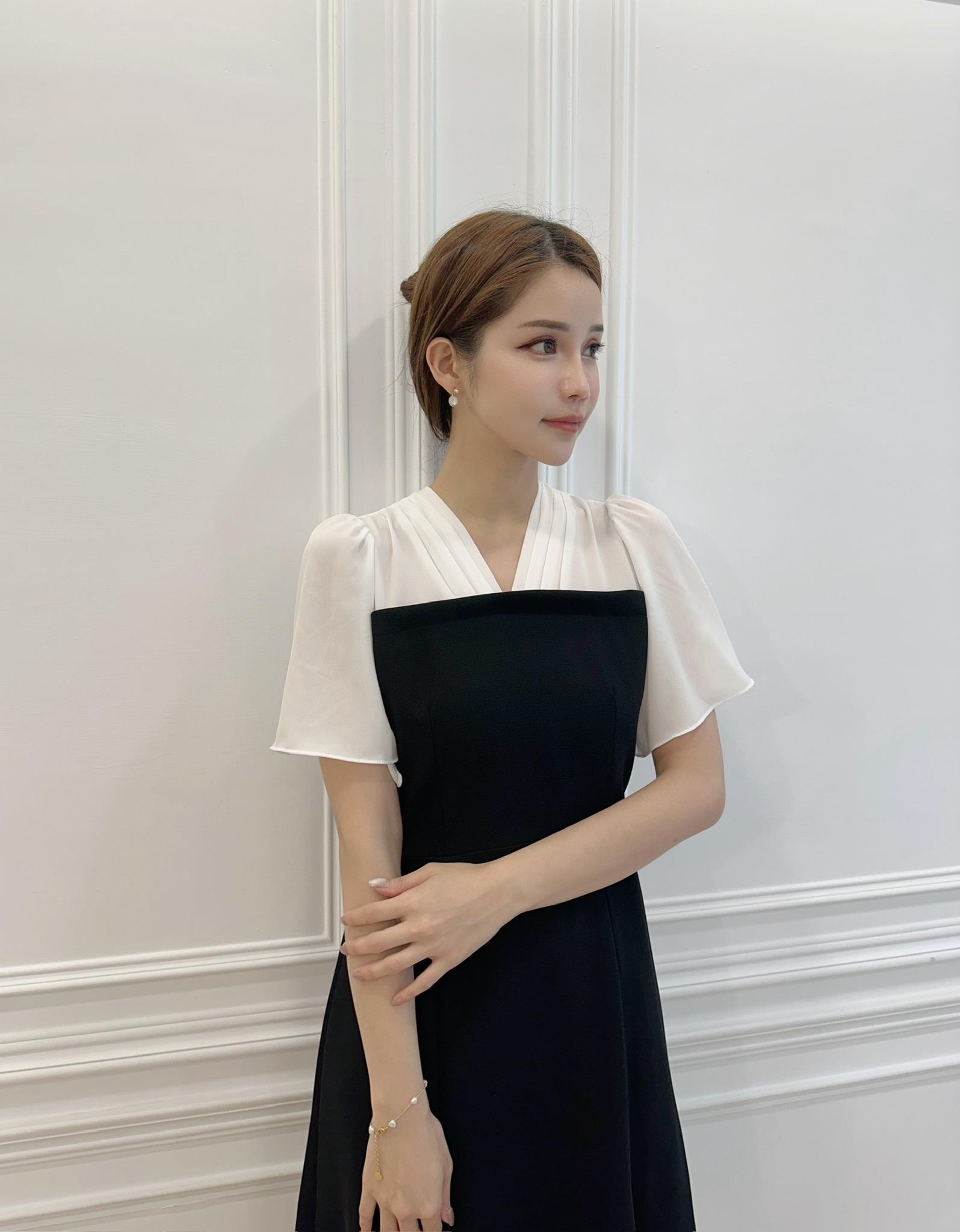 黑白拼接短袖魚尾洋