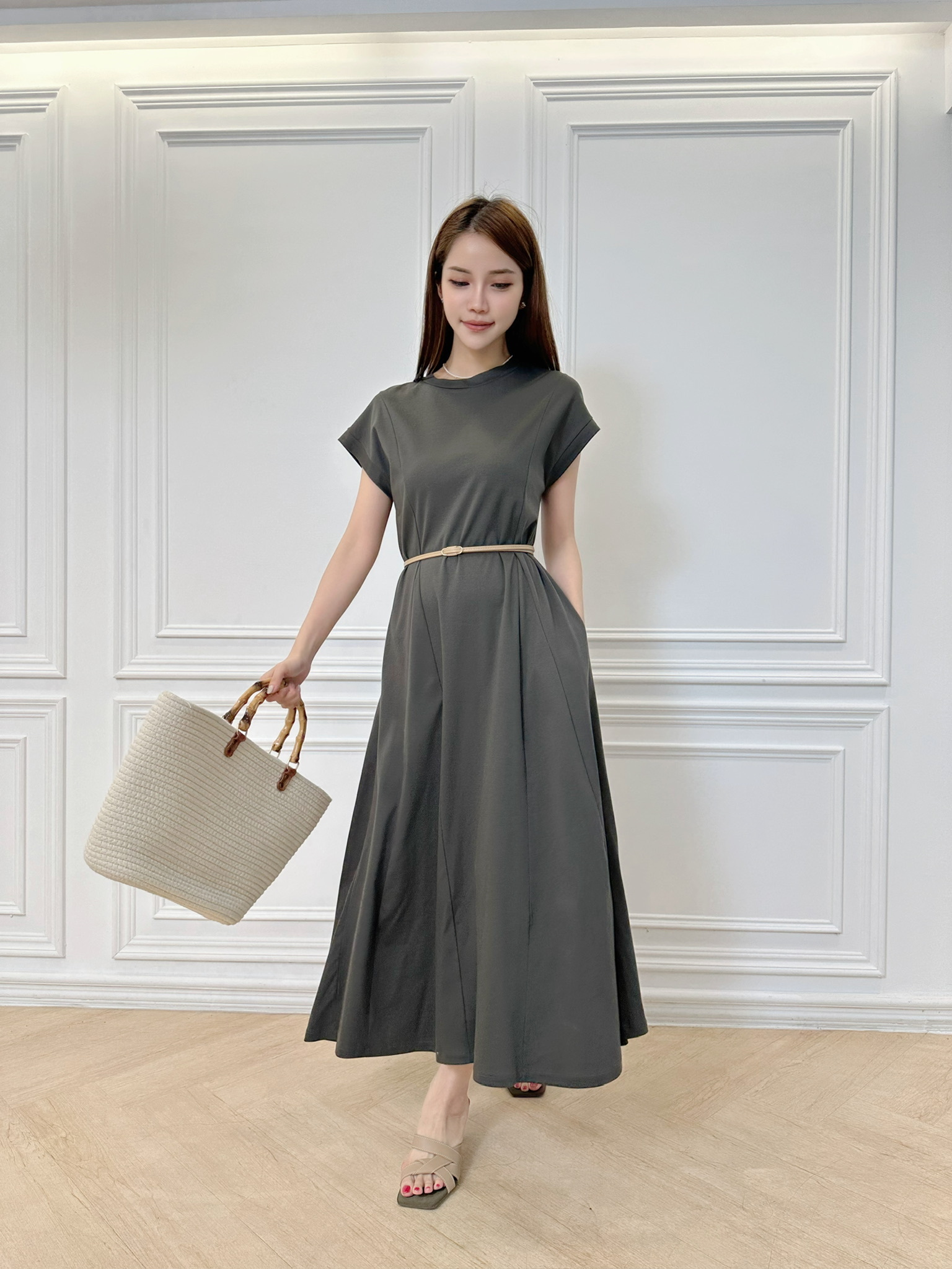 短袖腰身棉質長傘洋