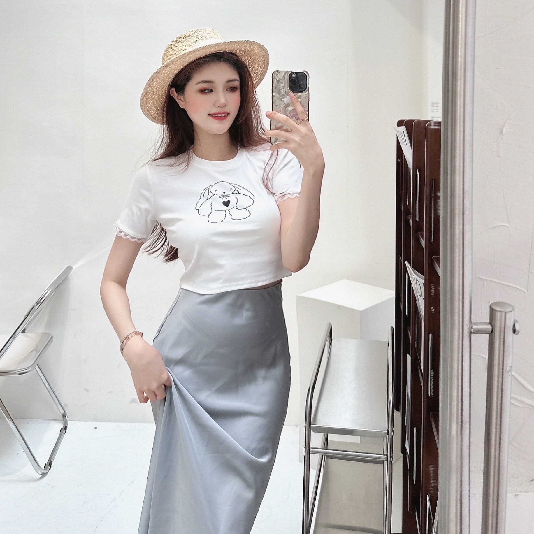 雲朵兔兔拼接蕾絲上衣/三色