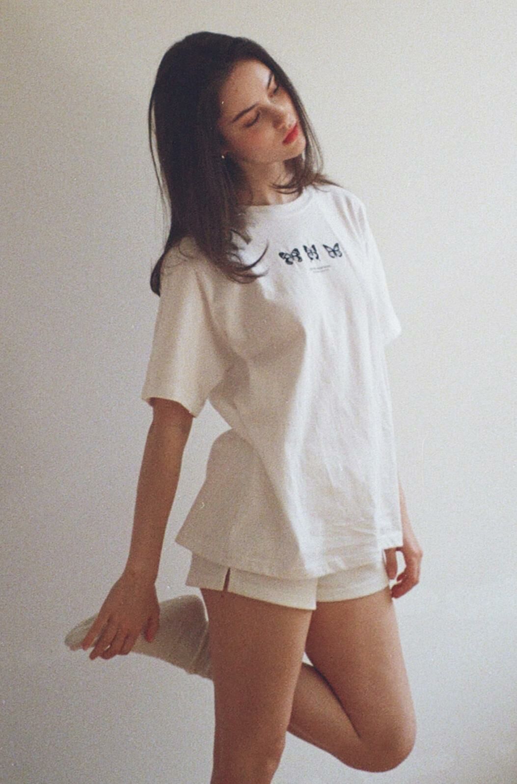 Triple Butterfly Embroidery Oversized Fit Short Sleeve T-Shirt