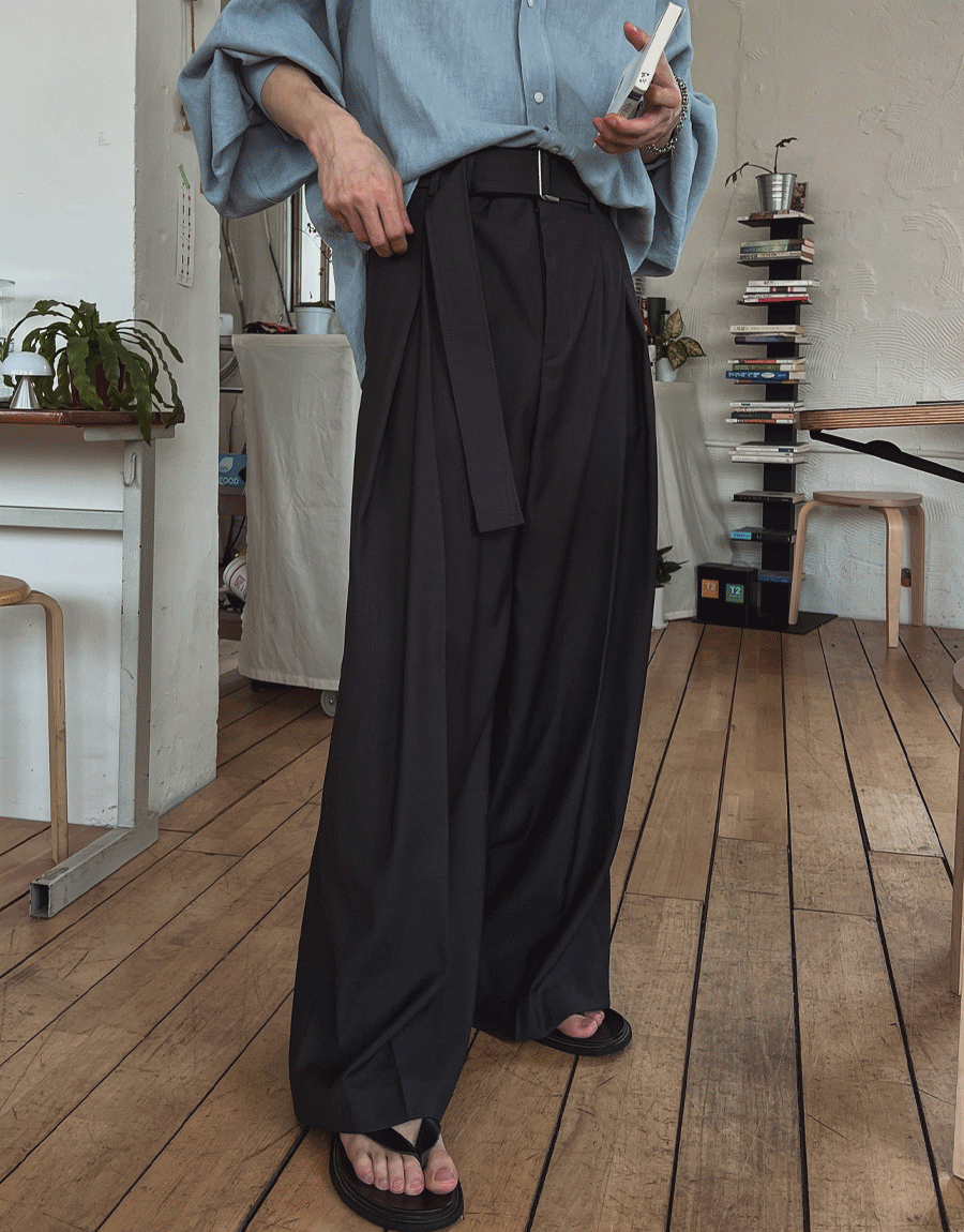 Remo腰帶雙褶寬腿西裝褲