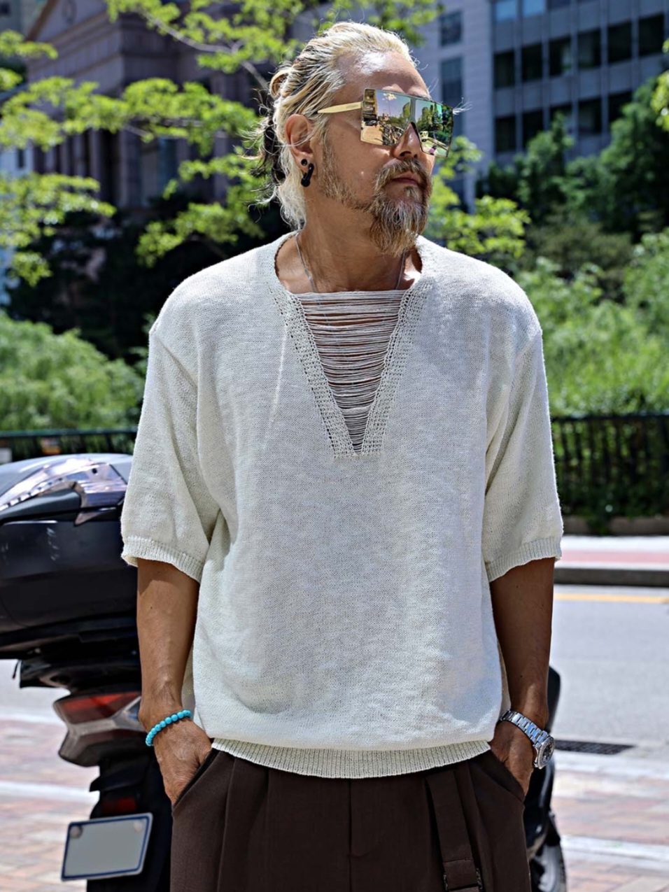 橋線V領短袖針織衫上衣