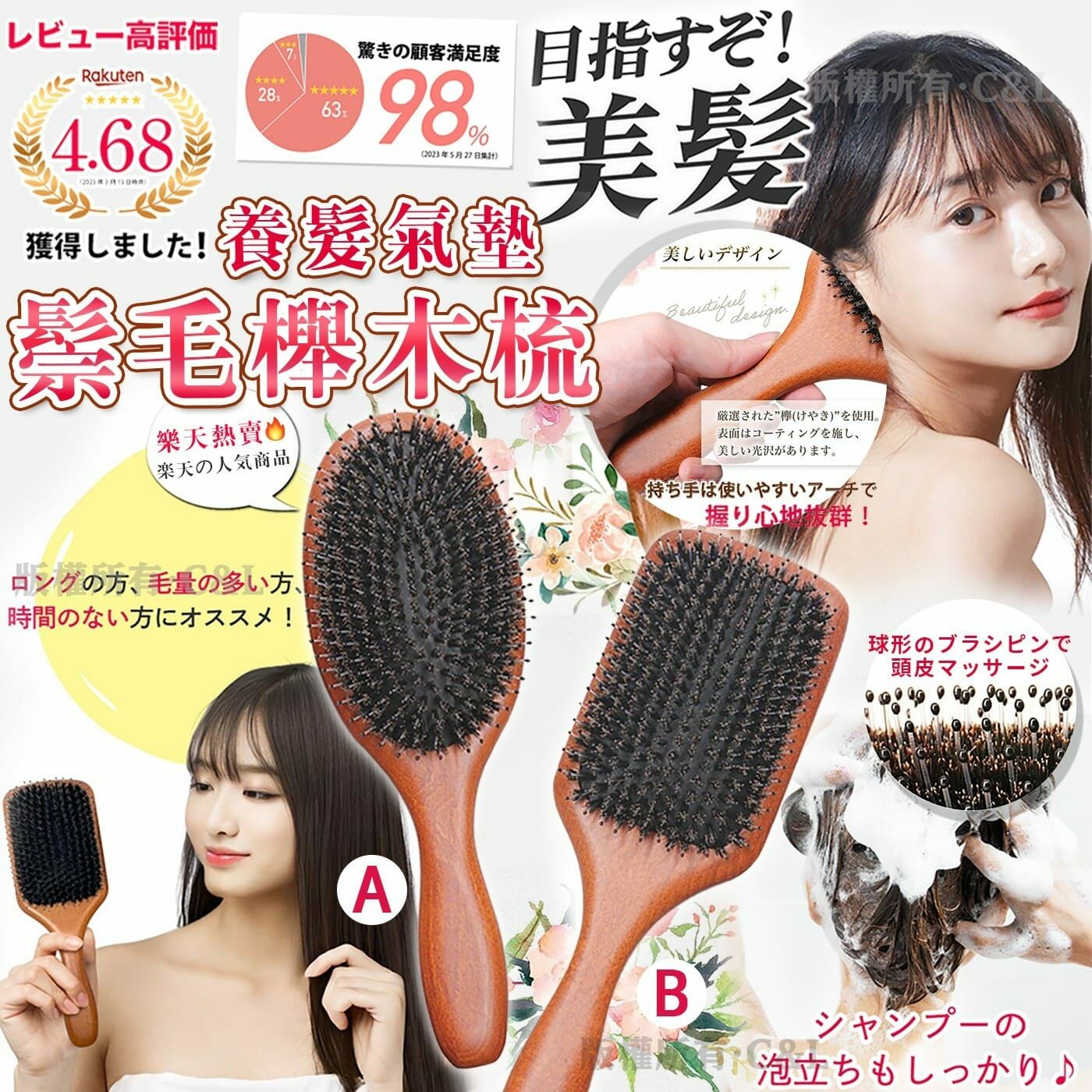 養髮氣墊鬃毛櫸木梳