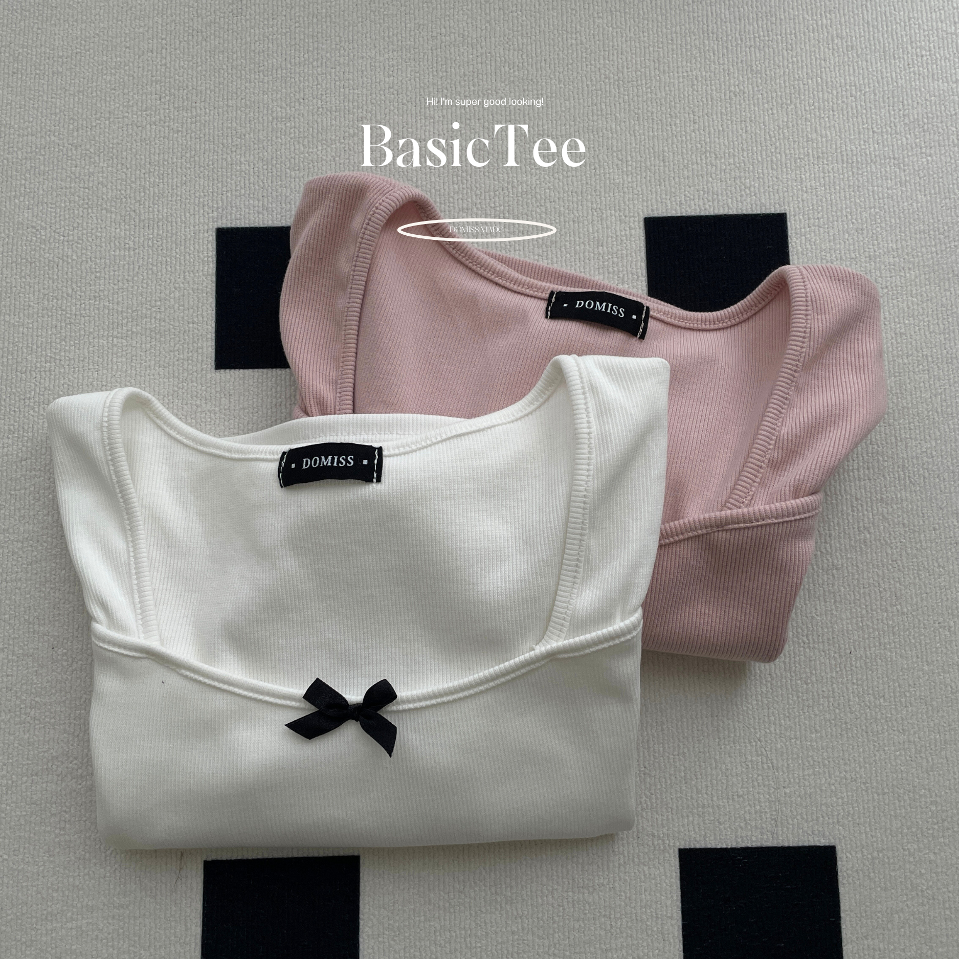 【DOMISS自訂】戀愛小蝴蝶結方領上衣-2色 短袖上衣  T恤 蝴蝶結 百搭 甜美 (現貨)