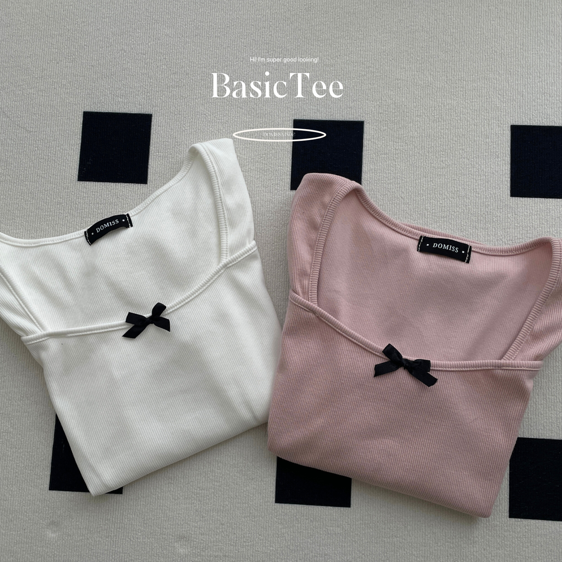 【DOMISS自訂】戀愛小蝴蝶結方領上衣-2色 短袖上衣  T恤 蝴蝶結 百搭 甜美 (現貨)