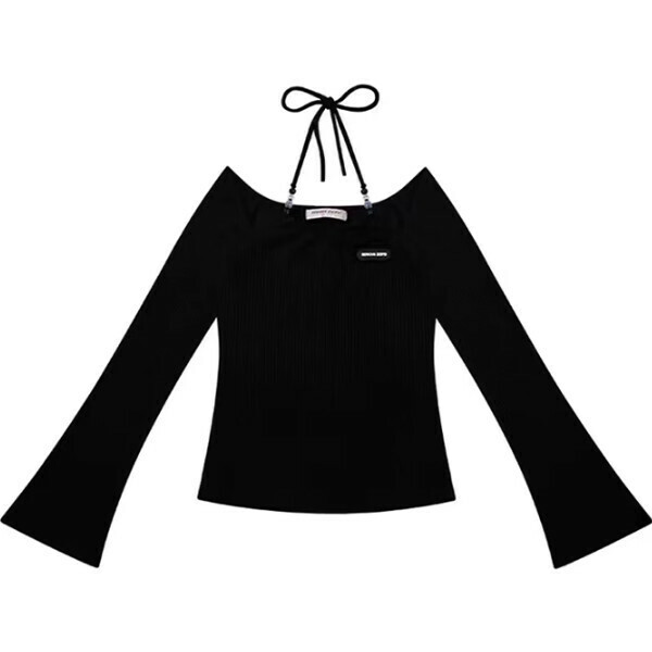Hot recommended off-shoulder lace-up halterneck long-sleeved sweater (black) (S/M/L size, please contact customer service after placing the order for delivery size)