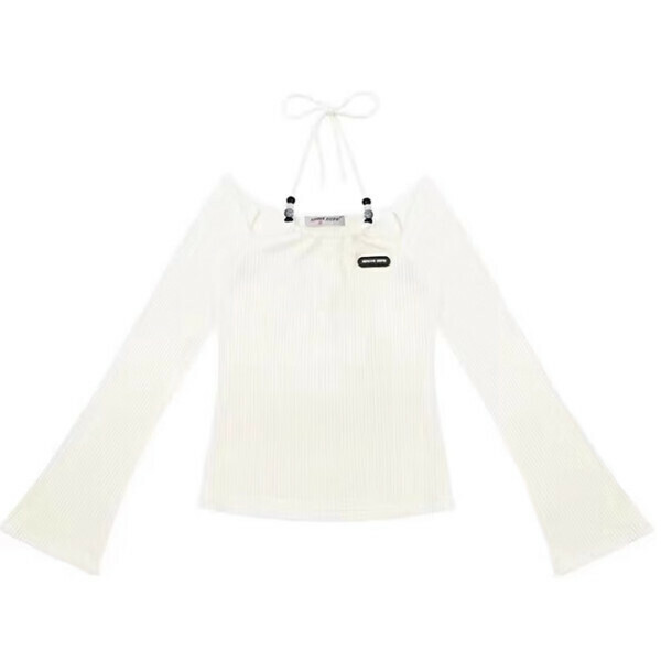 Hot recommended off-shoulder lace-up halterneck long-sleeved sweater (white) (S/M/L size, please contact customer service after placing the order for delivery size)