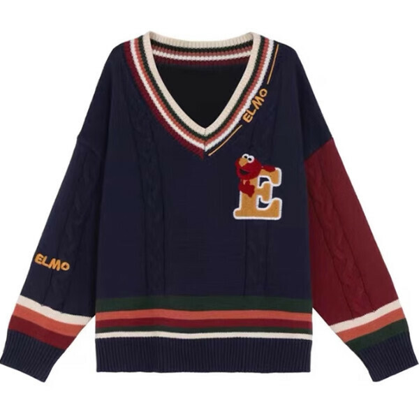 Hot recommended V-neck sweater with cartoon letters (navy blue) (S/M/L size, please contact customer service after placing the order for delivery size)
