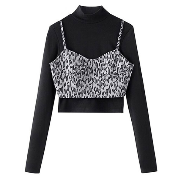 Hot recommended leopard print T-shirt women's long-sleeved top two-piece set (black) (S/M/L size, please contact customer service after placing the order for delivery size)