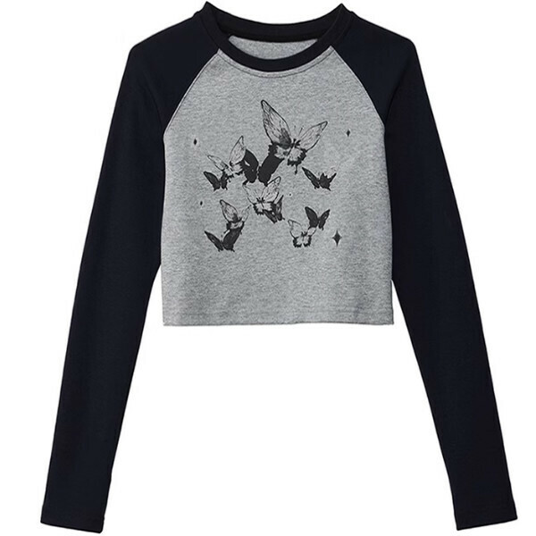 Hotly recommended butterfly print T-shirt women's long-sleeved top (black) (S/M/L size, please contact customer service after placing the order for delivery size)