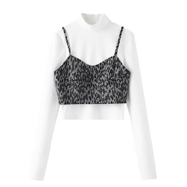 Hot recommended leopard print T-shirt women's long-sleeved top two-piece set (white) (S/M/L size, please contact customer service after placing the order for delivery size)