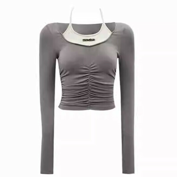 Hot recommended short halter neck T-shirt (grey) (S/M/L size, please contact customer service after placing the order to deliver the size)