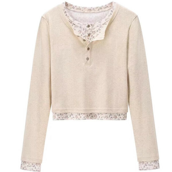 Hot recommended floral splicing long-sleeved T-shirt (beige) (S/M/L size, please contact customer service after placing the order for delivery size)