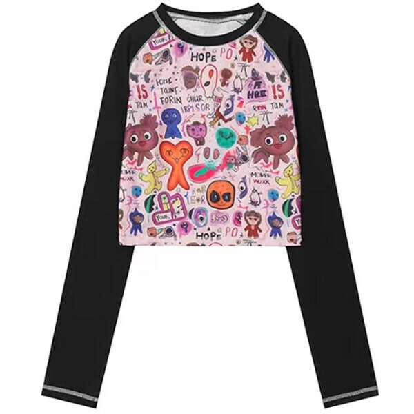 Hotly recommended graffiti printed spliced ​​long sleeves (black) (S/M/L size, please contact customer service after placing the order for delivery size)