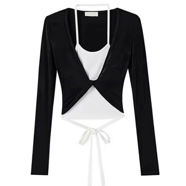 Hotly recommended fake two-piece sexy spliced ​​long-sleeved T-shirt (black) (S/M/L size, please contact customer service after placing the order for delivery size)