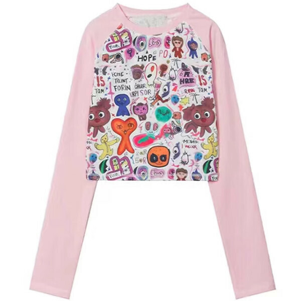 Hotly recommended graffiti printed spliced ​​long sleeves (pink) (S/M/L size, please contact customer service after placing the order for delivery size)