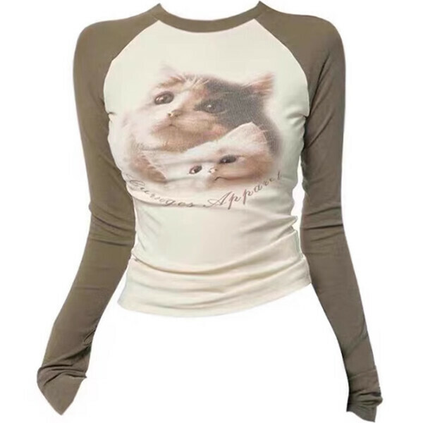 Hot recommended cat print raglan sleeve T-shirt (off-white) (S/M/L size, please contact customer service after placing the order for delivery size)