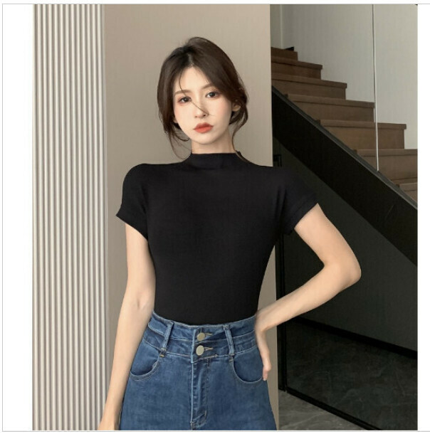Hot Recommendation [Special Offer] Turtleneck Short Sleeve T-shirt [Black] Size [L Size]