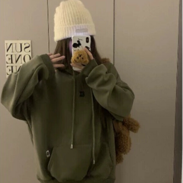Popular mahjong printed hooded sweatshirt (green plus velvet) (one size fits all)