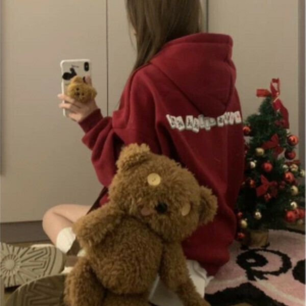 Popular mahjong printed hooded sweatshirt (red plus velvet) (one size fits all)