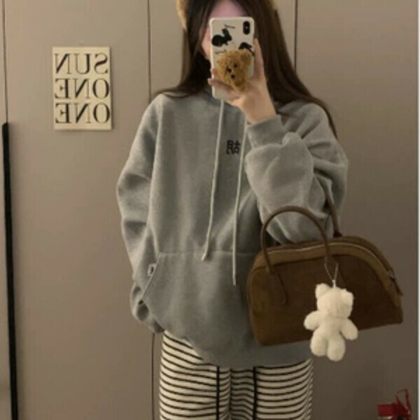 Popular mahjong printed hooded sweatshirt (grey plus velvet) (one size fits all)