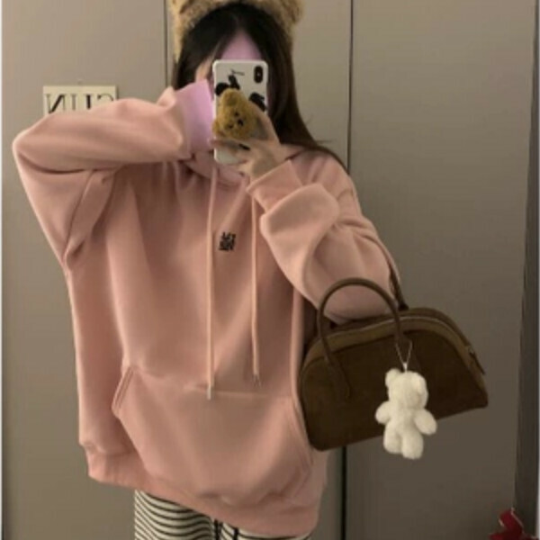 Popular mahjong printed hooded sweatshirt (pink plus velvet) (one size fits all)