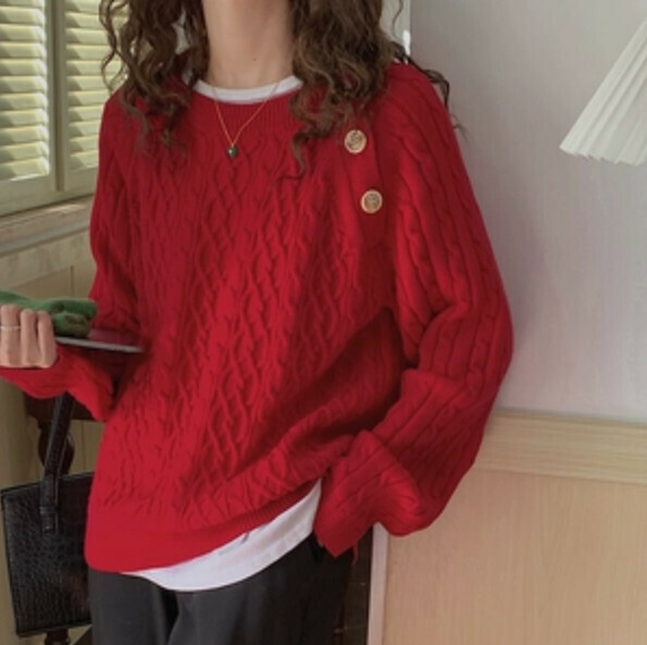 Hot Recommended Sweater Clothing Round Neck Twist Pullover Sweater Versatile Style [Red] Please contact customer service to confirm the size after placing an order