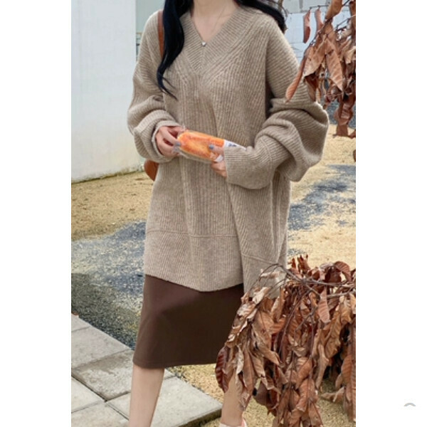 Hot Recommended Sweater Clothing Loose Pullover Korean Style V-Neck Sweater Versatile [Khaki Color] One Size