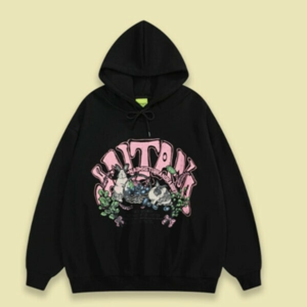 Hot Recommendation SAYLAM American Street Retro Color [Cute Rabbit Foraging] Black Please contact customer service to confirm the size after placing an order