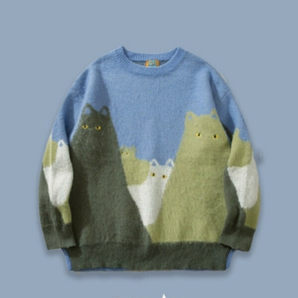 Hot Recommended SAYLAM American Street Retro Color [Silly Cat Dundun] Blue Please contact customer service to confirm the size after placing the order