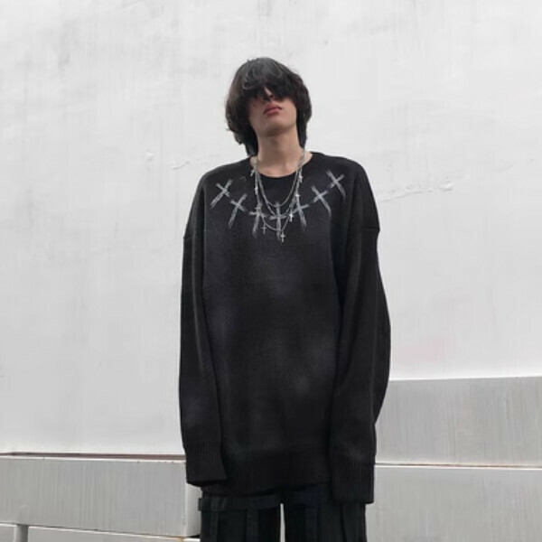 Popular tie-dye retro print trendy and lazy style loose sweater [black, do not machine wash M-XL, please confirm the delivery size with customer service after placing the order]