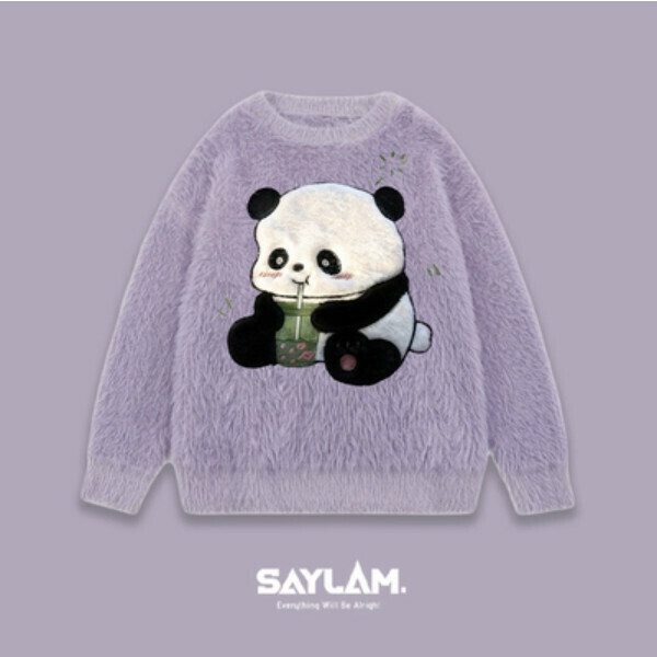 Popular SAYLAM American street retro color [Bear Bear Drinking Tea] Purple Please contact customer service to confirm the size after placing the order