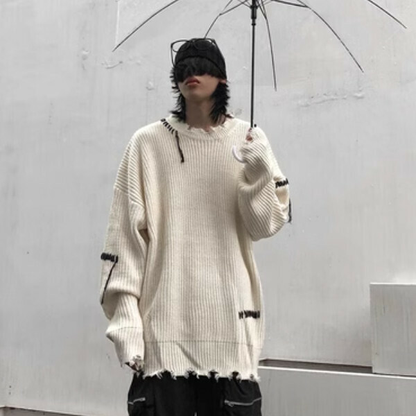 Popular men's loose and lazy retro sweater with holes [white S-XL sizes, please confirm the delivery size with customer service after placing the order]