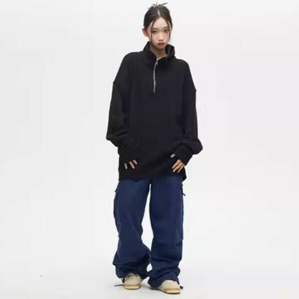 Popular lazy half-zip sweater for couples [black spring and autumn style, thin M-XL size, please confirm the delivery size with customer service after placing the order]