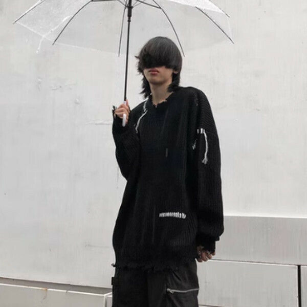 Popular men's loose and lazy retro sweater with holes [black sizes S-XL, please confirm the delivery size with customer service after placing the order]