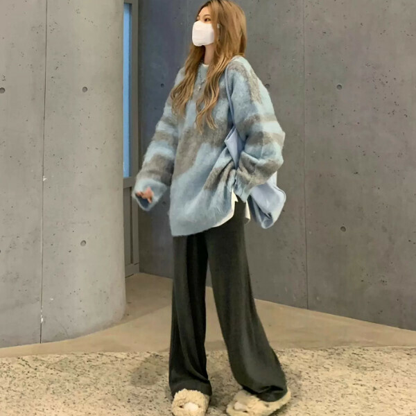 Popular sweater women's knitted sweater top (Lake Blue) (M/L/XL/2XL, please contact customer service for delivery size after placing order)
