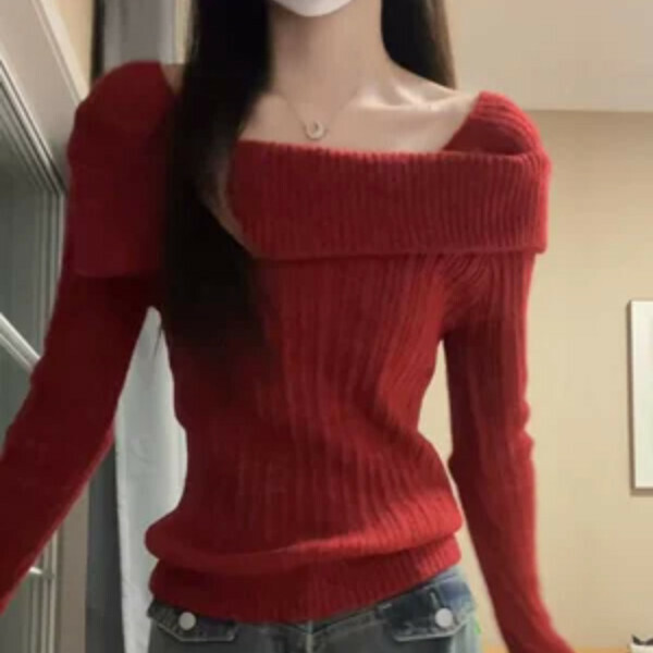 Popular one-shoulder collarbone sweater (red) (S/M/L/XL sizes will be shipped after you place an order and contact customer service)