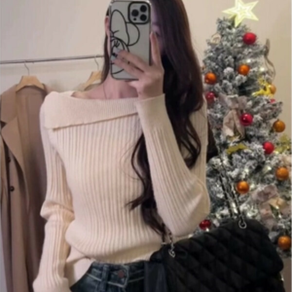 Popular one-shoulder and collarbone sweater (apricot color) (S/M/L/XL sizes will be shipped after you place an order and contact customer service)