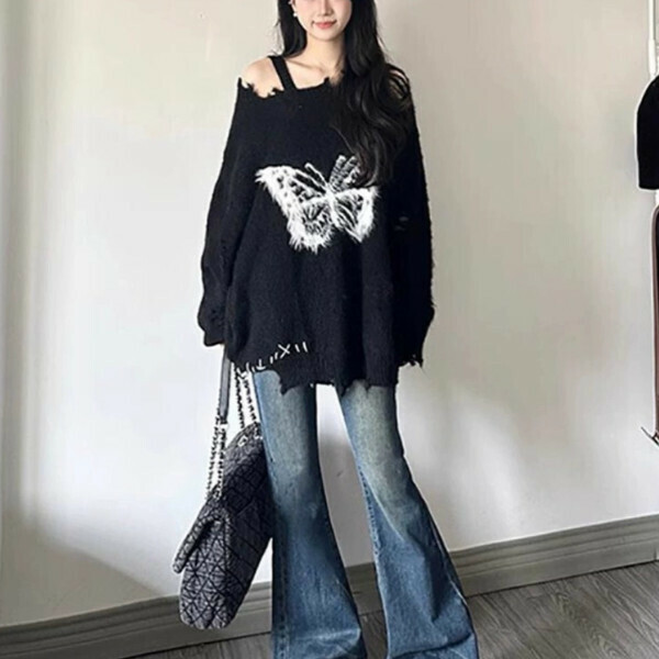 Hot style ripped knitted sweater (black) (S/M/L/XL sizes will be shipped after you place the order and contact customer service)