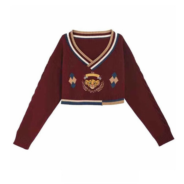 Popular color block V-neck sweater top (red) (S/M/L size, please contact customer service after placing the order for delivery size)