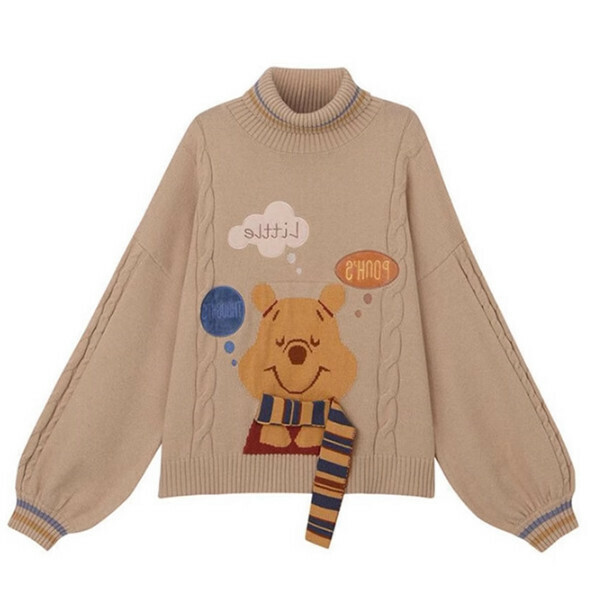 Popular Bear Turtleneck Sweater for Women (Apricot) (S/M/L sizes, please contact customer service after placing the order for delivery size)
