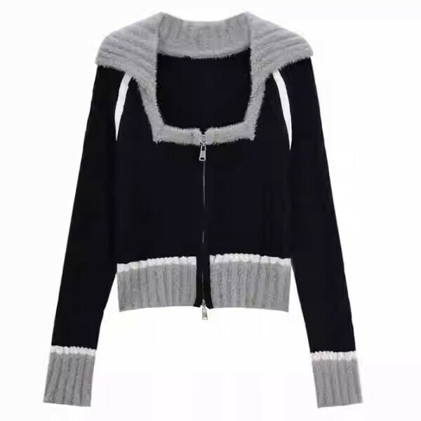 Popular contrasting color square collar knitted cardigan (black) (S/M/L size, please contact customer service after placing the order for delivery size)